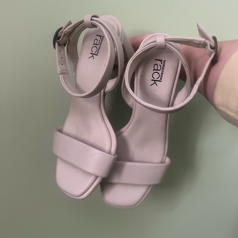 Nordstrom Rack | Landry Mushroom Gray Vegan Leather Open Toe Block Heels 4.5